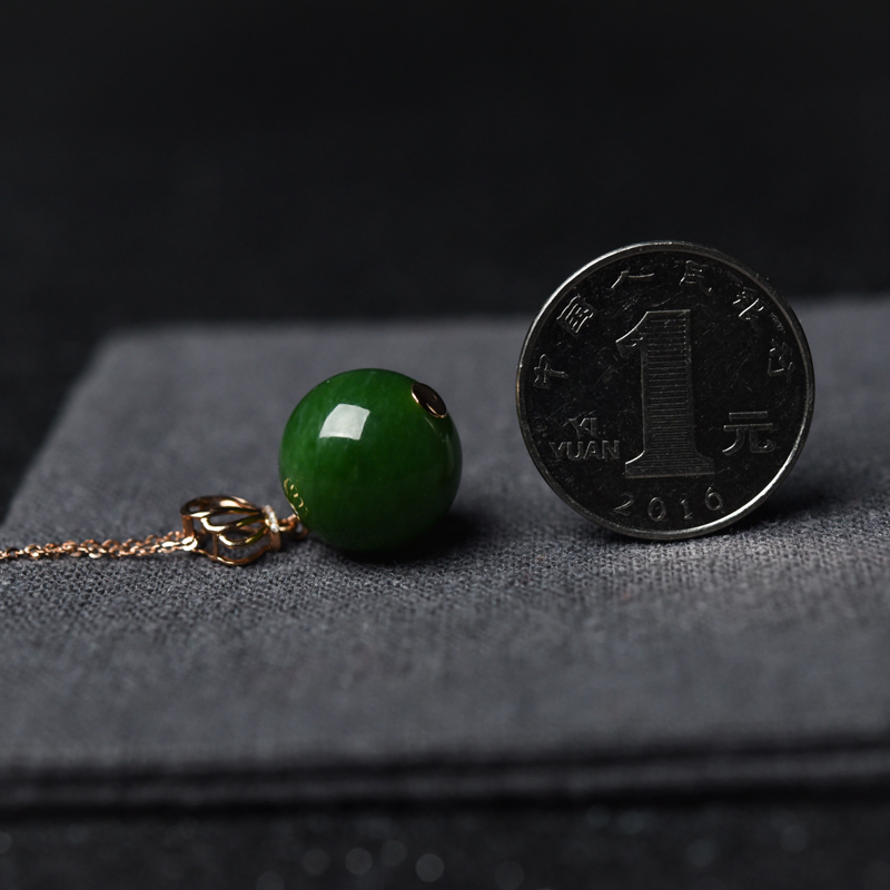 18K金镶15.5mm山料和田碧玉圆珠项链-红掌柜