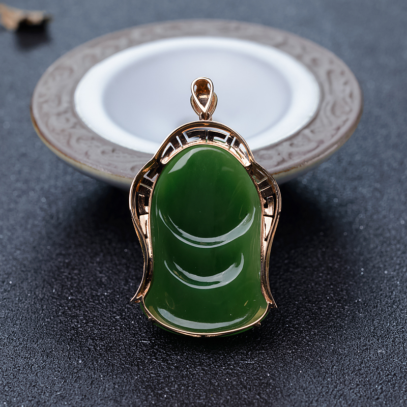 18K金镶钻天然和田碧玉观音吊坠-红掌柜