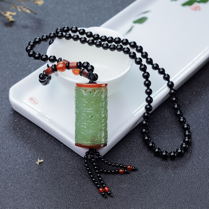 天然山料和田碧玉镂雕桶珠毛衣链-红掌柜
