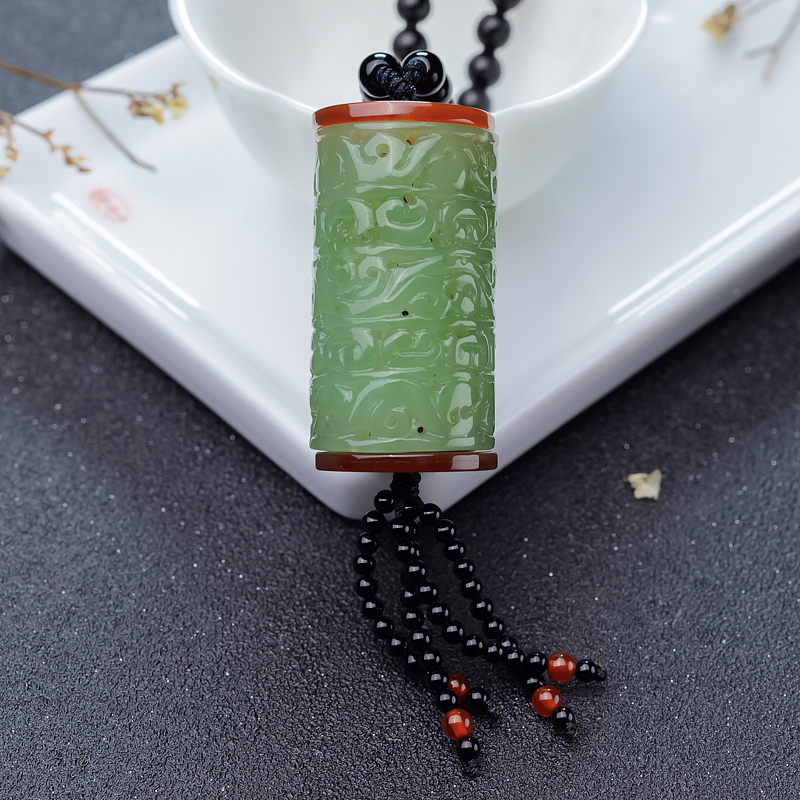 天然山料和田碧玉桶珠毛衣链-红掌柜