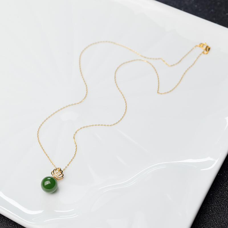 18K金镶钻天然山料和田碧玉圆珠项链-红掌柜