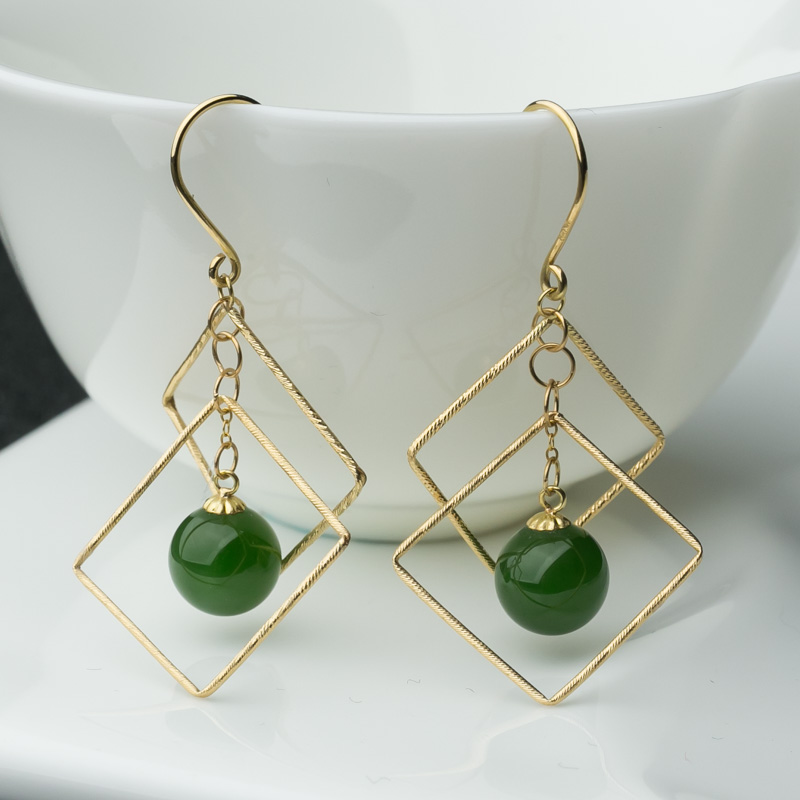 18K金镶山料和田碧玉耳坠-红掌柜