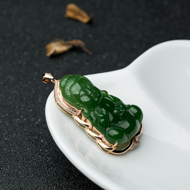 金镶钻山料和田碧玉宝宝佛吊坠-红掌柜