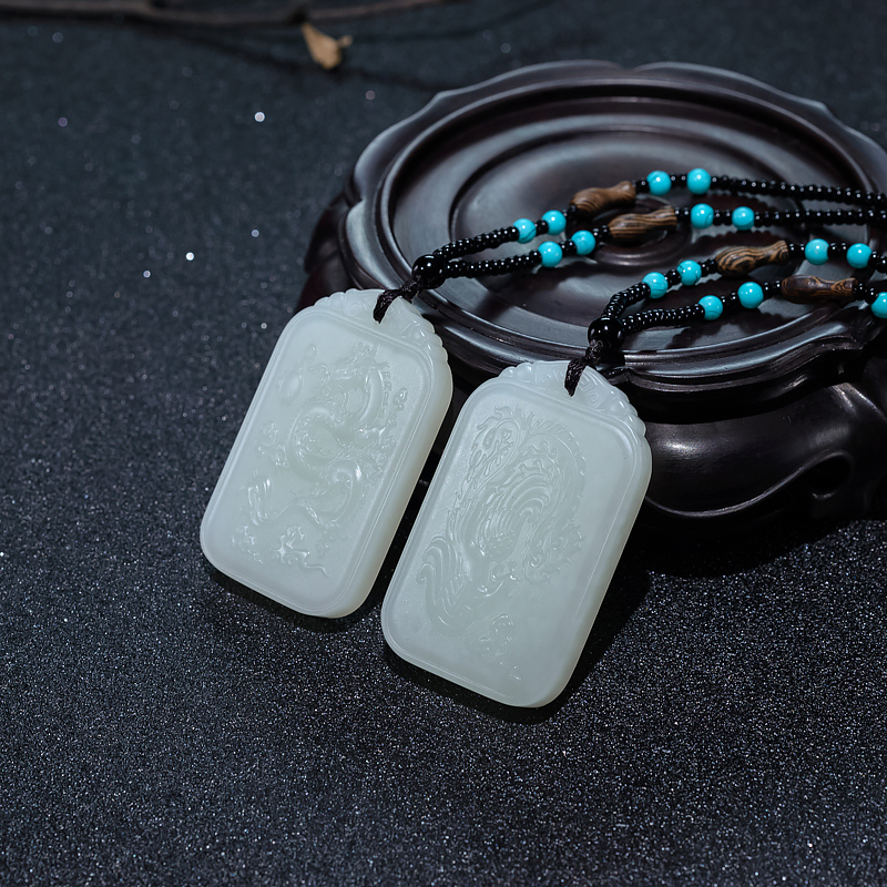 天然山料和田青白玉龙凤对牌吊坠（两件）-红掌柜