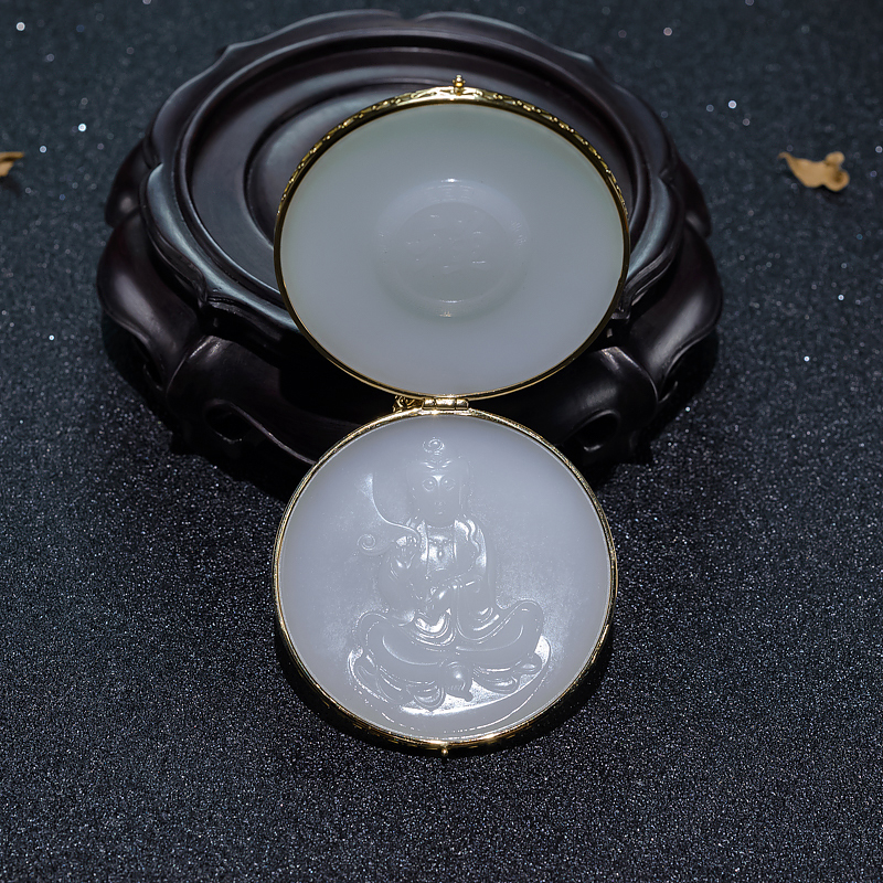 18K金镶山料和田白玉吊坠-红掌柜