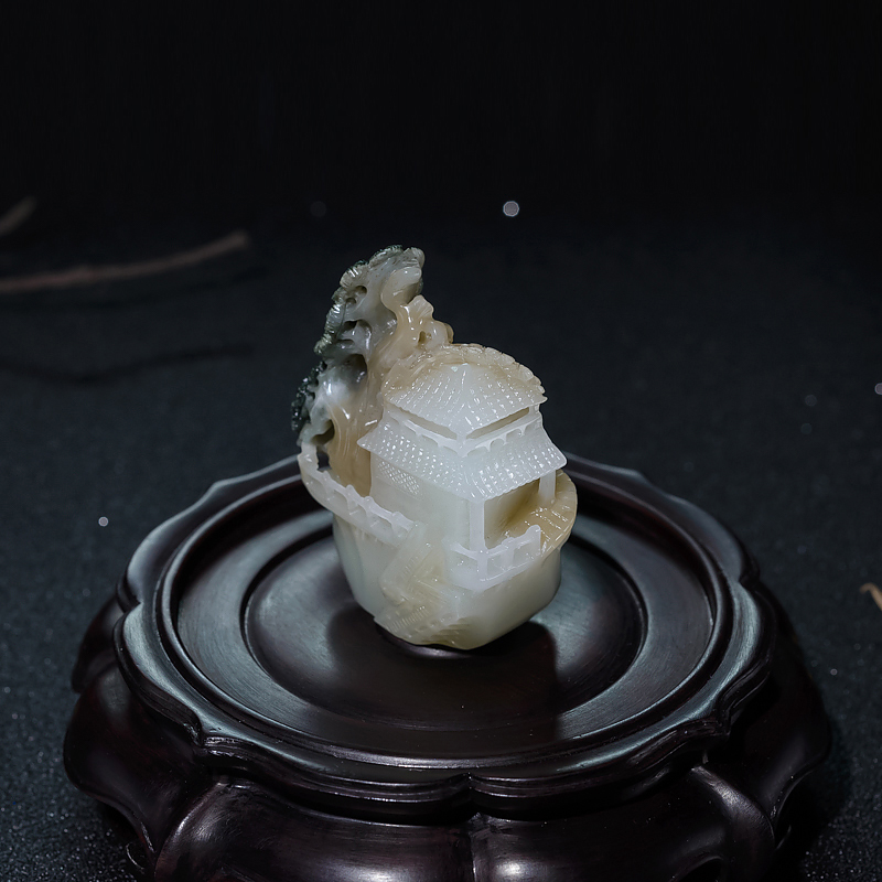 天然山料俏色和田玉世外桃源摆件-红掌柜