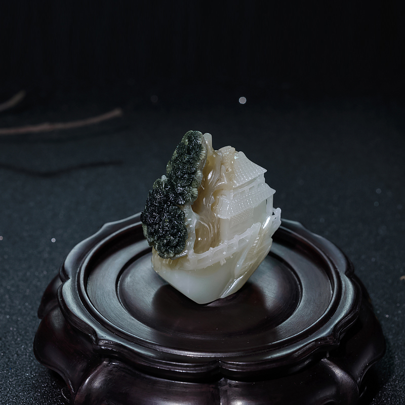 天然俏色和田玉世外桃源摆件-红掌柜