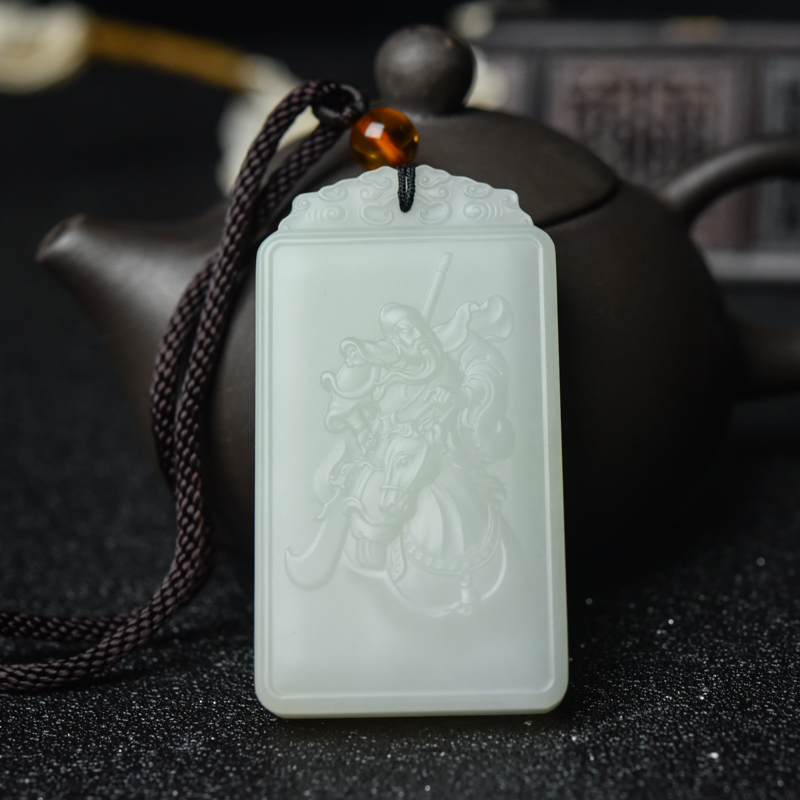 天然山料和田白玉关公吊坠-红掌柜