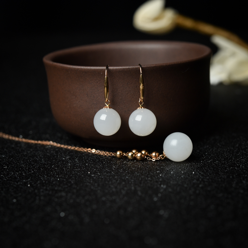 18K金镶山料和田白玉项链/耳坠套装（两件）-红掌柜