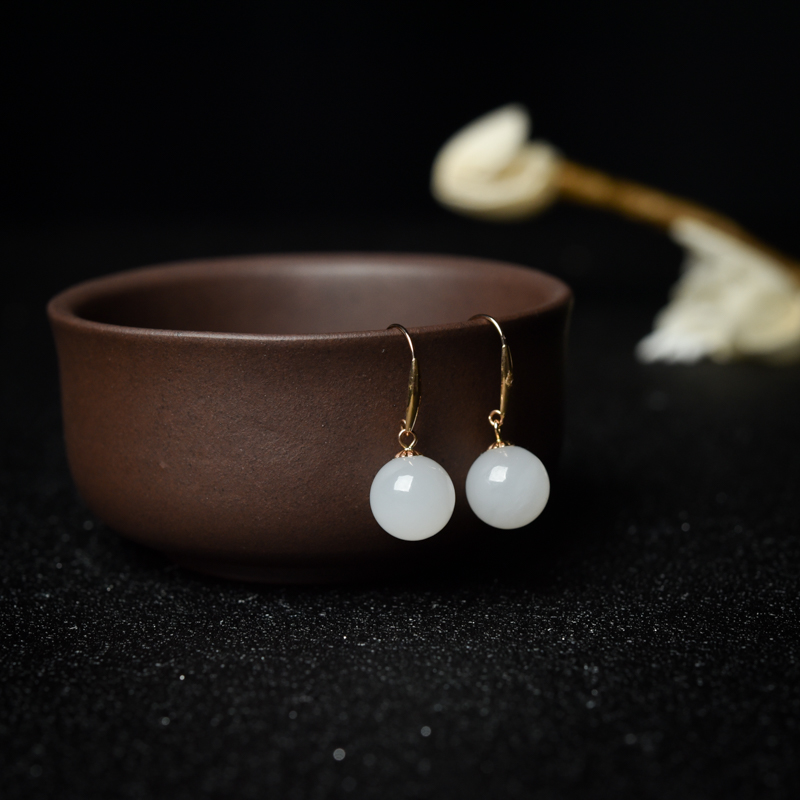 18K山料和田白玉项链/耳坠套装（两件）-红掌柜