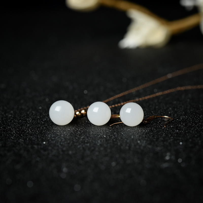 18K金镶山料和田玉项链/耳坠套装（两件）-红掌柜