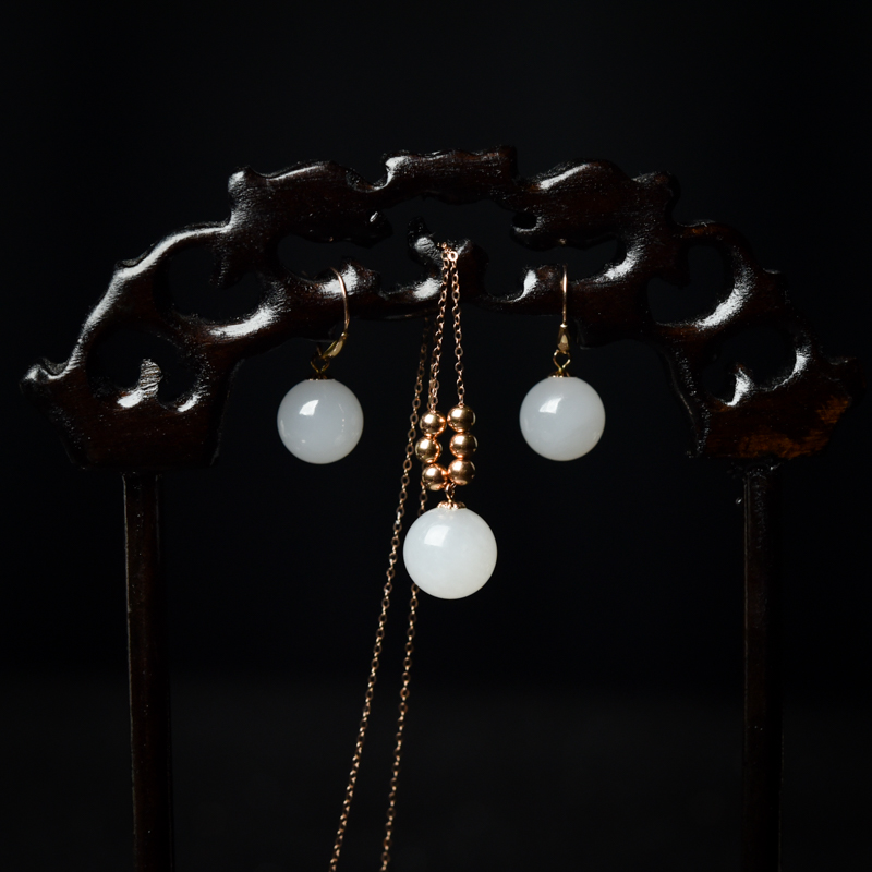 18K金镶山料和田白玉项链套装（两件）-红掌柜