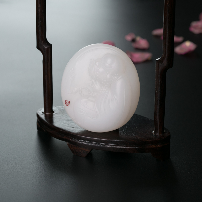 山料和田白玉达摩手把件-红掌柜