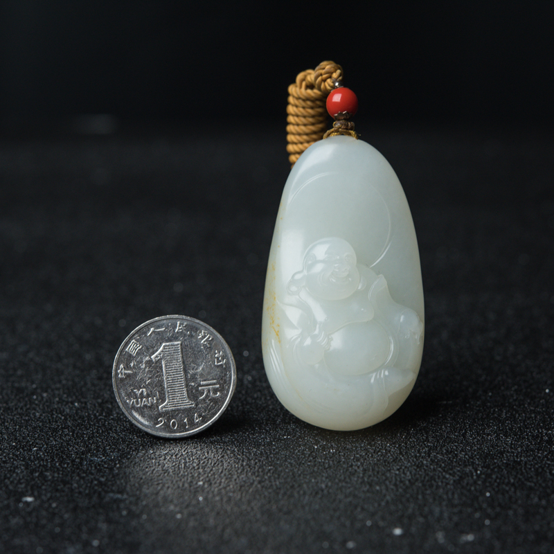 新疆天然和田白玉弥勒佛挂坠-红掌柜