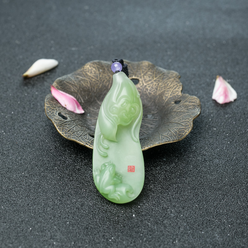 山料和田翠青玉连生贵子吊坠-红掌柜
