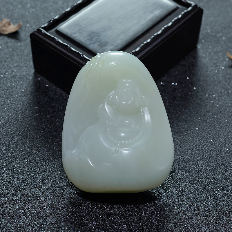 天然山料和田青白玉弥勒佛手把件-红掌柜