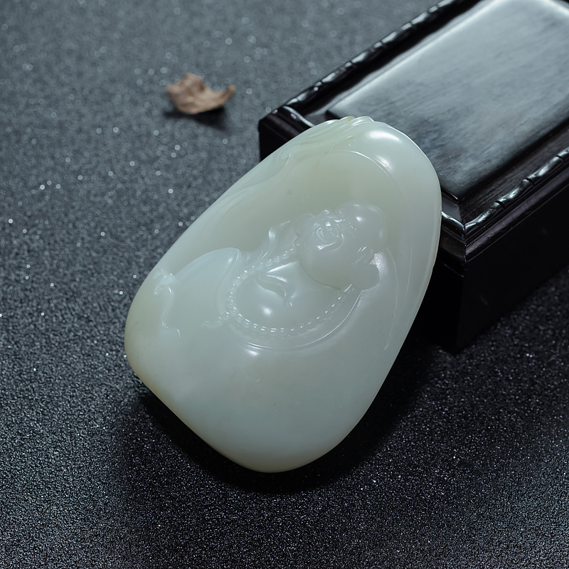 山料和田青白玉弥勒佛手把件-红掌柜