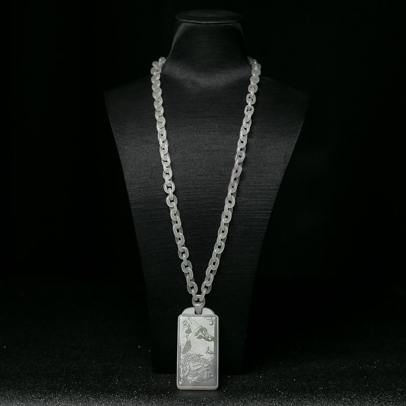 山料和田翠青玉山水意境牌项链-红掌柜