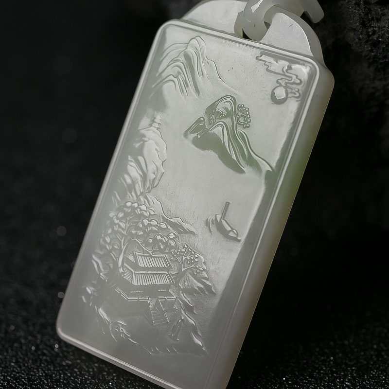 天然和田玉山水意境牌项链-红掌柜