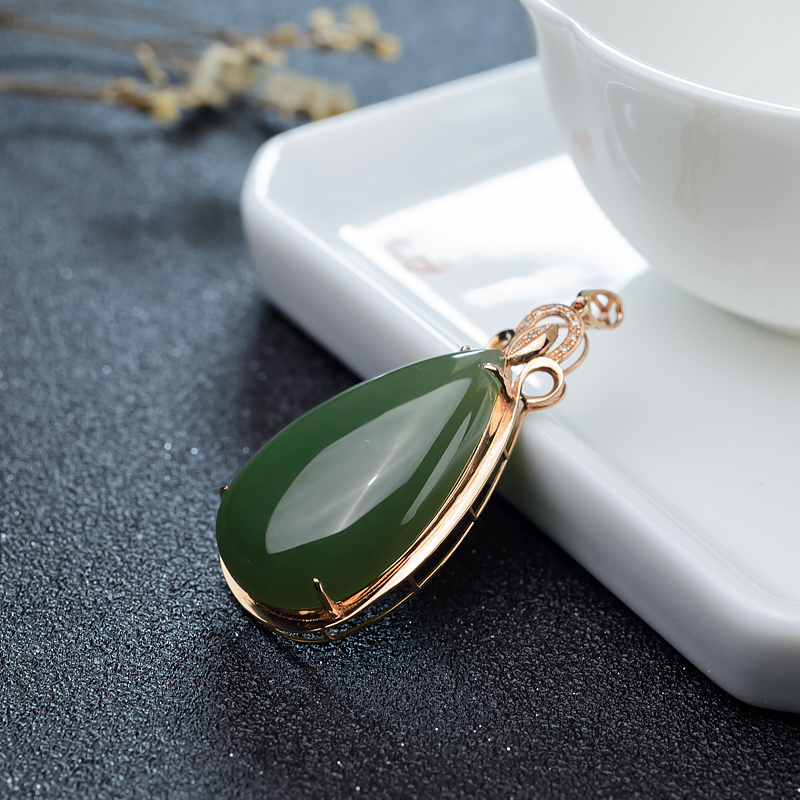 天然山料和田碧玉水滴吊坠-红掌柜