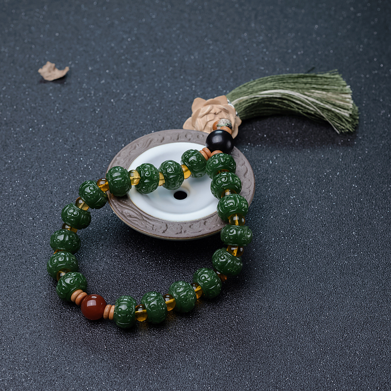 和田碧玉莲花珠手持-红掌柜