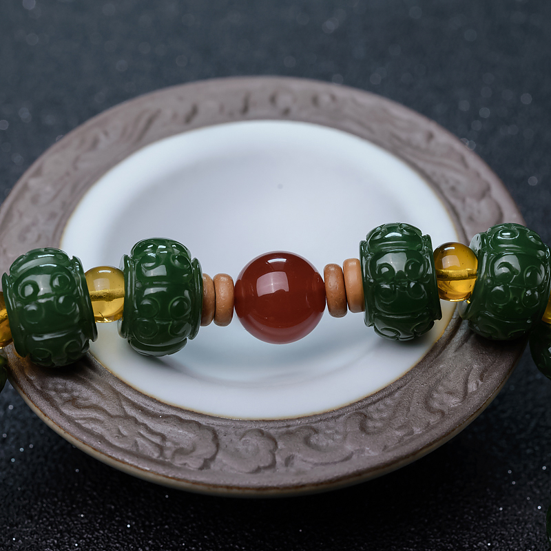 天然和田玉莲花珠手持-红掌柜