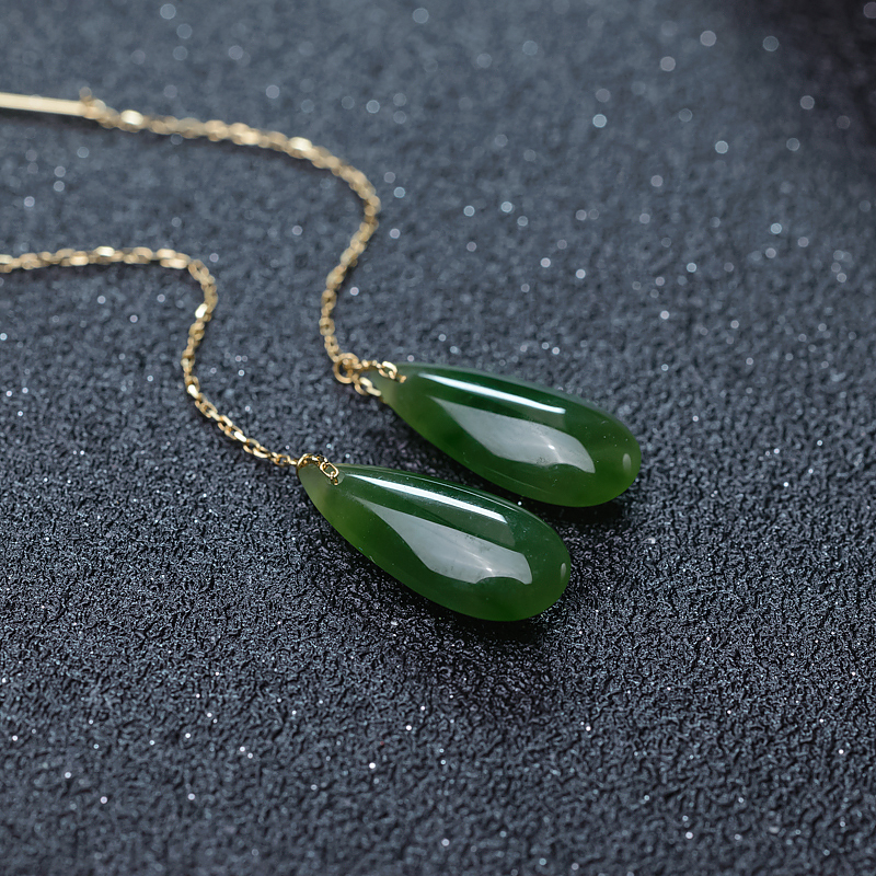 18K俄料天然和田碧玉耳坠-红掌柜