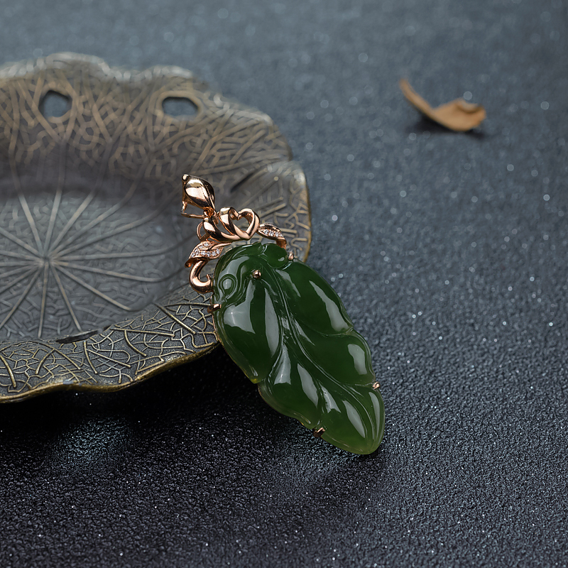 18K和田碧玉叶子吊坠-红掌柜