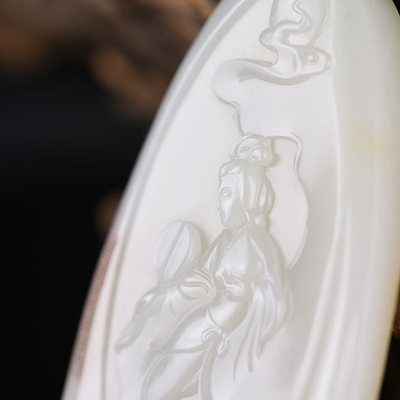 籽料俏色和田玉嫦娥奔月手把件-红掌柜