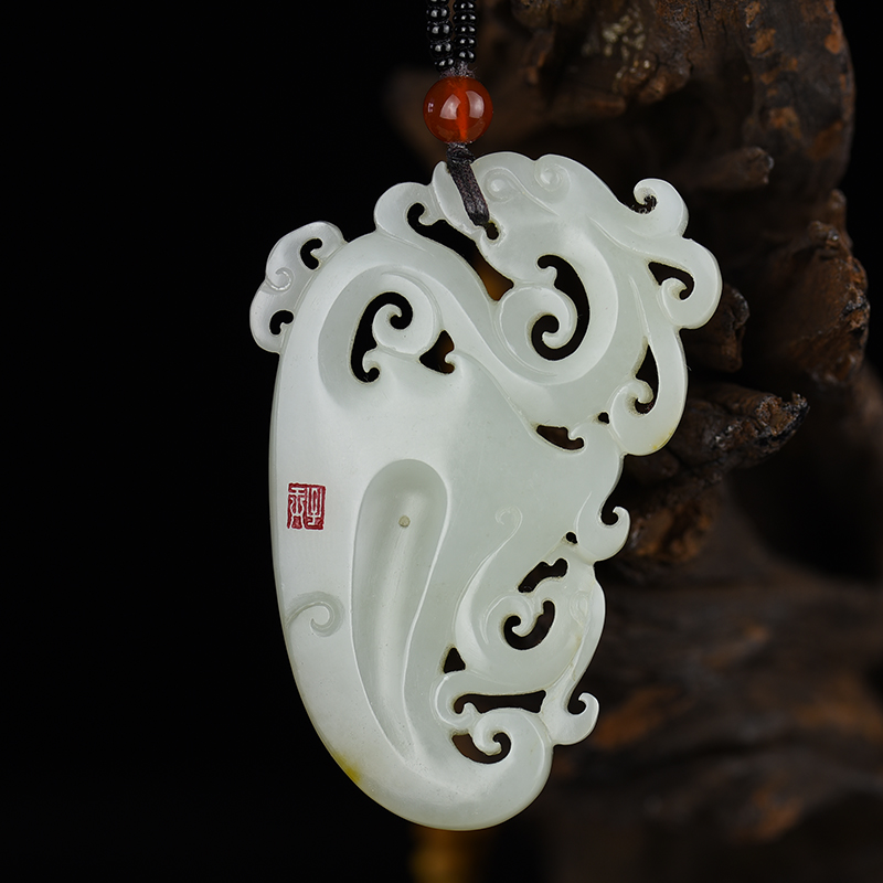 新疆天然和田青白玉龙凤佩吊坠-红掌柜