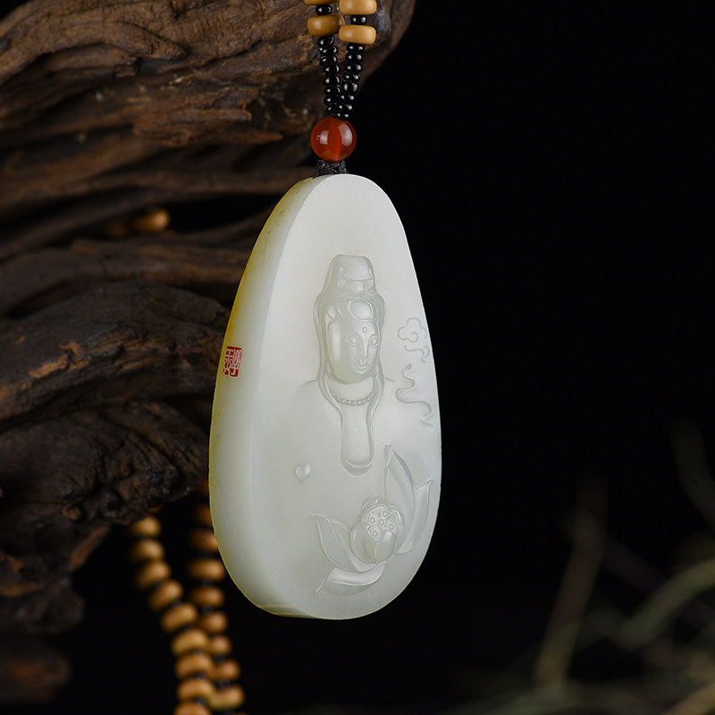 天然籽料和田青白玉花开见佛吊坠-红掌柜