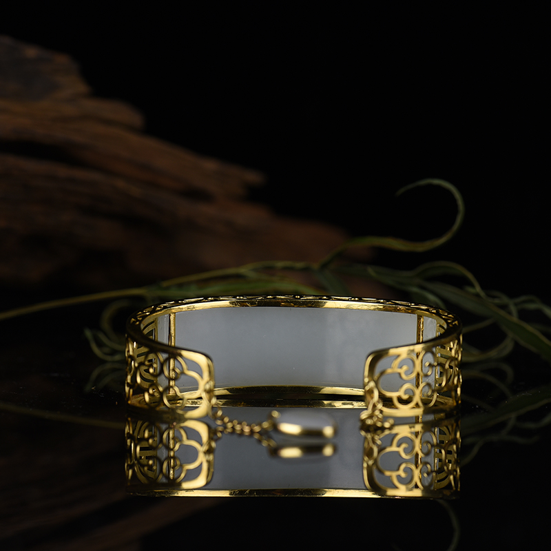 18k金镶和田白玉龙凤手镯-红掌柜