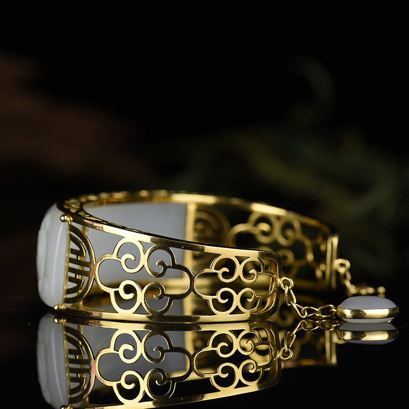 18k金镶籽料和田白玉手镯-红掌柜