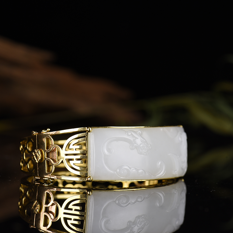 金镶籽料和田白玉龙凤手镯-红掌柜