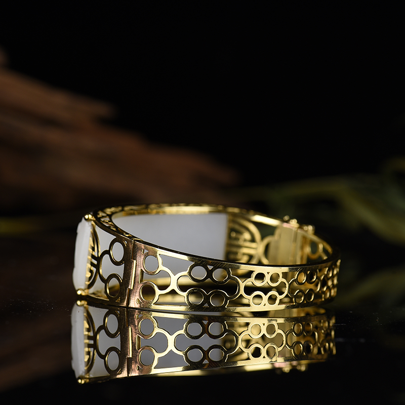 18k金镶籽料和田白玉手镯-红掌柜