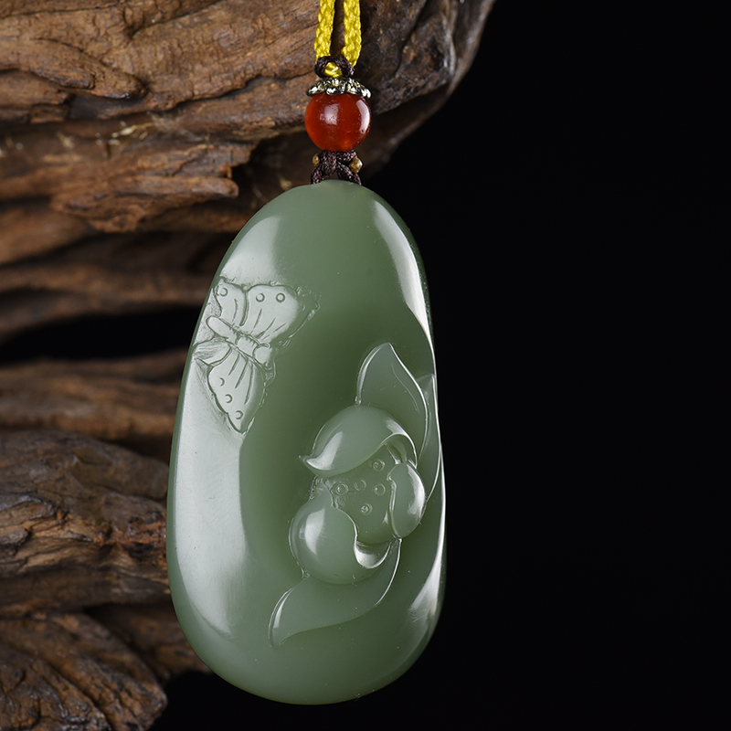 天然山料和田碧玉蝶恋花吊坠-红掌柜