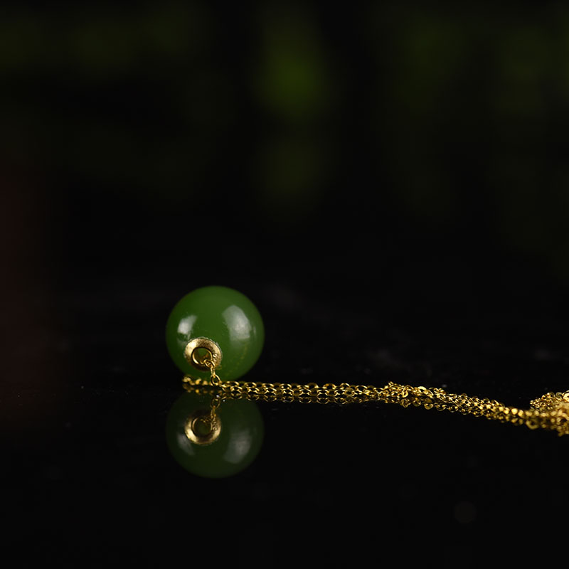 18K金镶和田碧玉圆珠项链-红掌柜