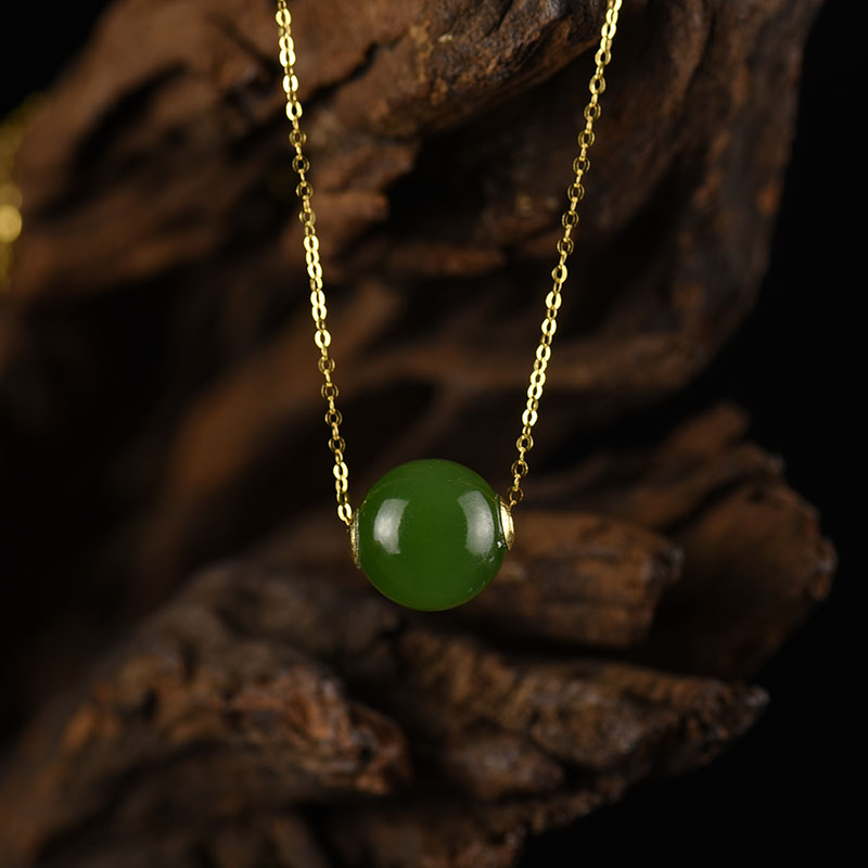 18K金镶山料和田玉圆珠项链-红掌柜