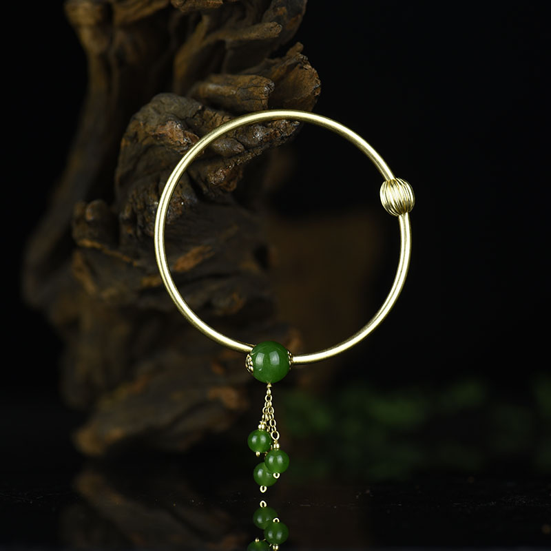 14K金镶俄料天然和田碧玉手镯-红掌柜