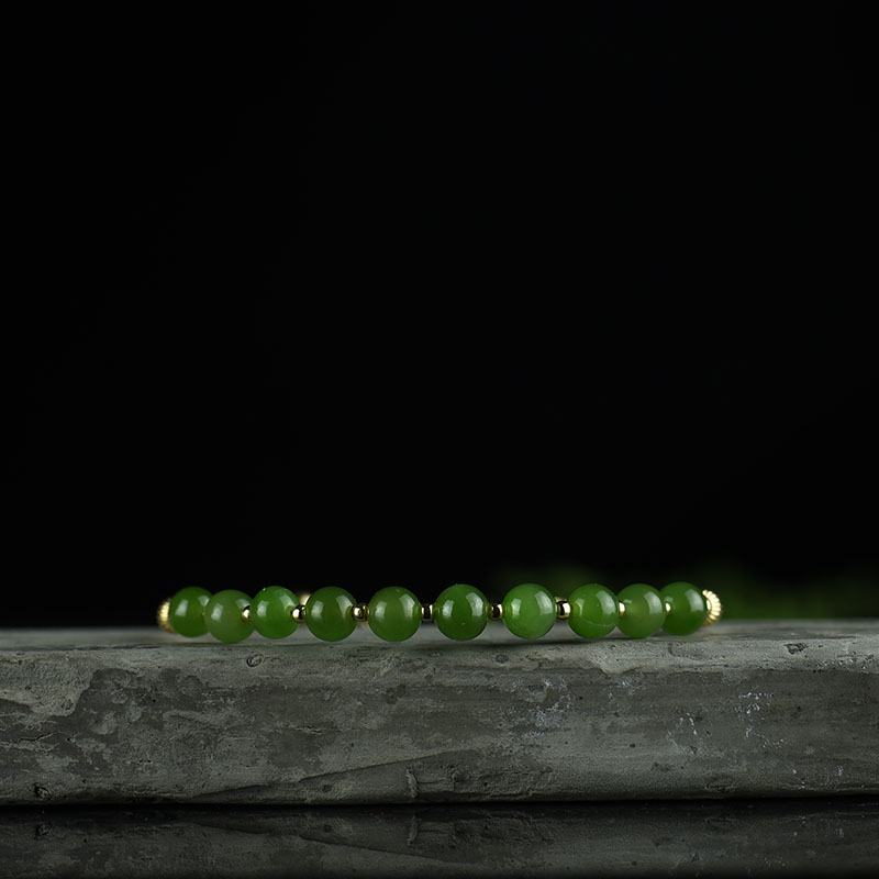 14K金镶俄料天然和田碧玉手镯-红掌柜