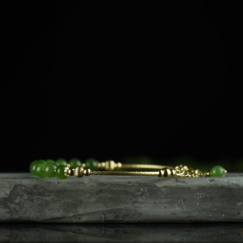 14K金镶天然和田碧玉手镯-红掌柜