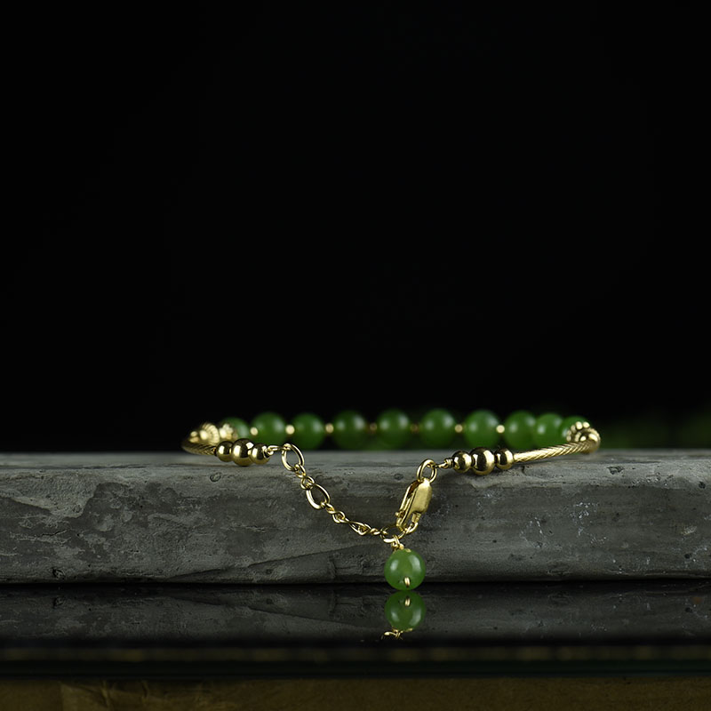 14K金镶俄料和田碧玉手镯-红掌柜