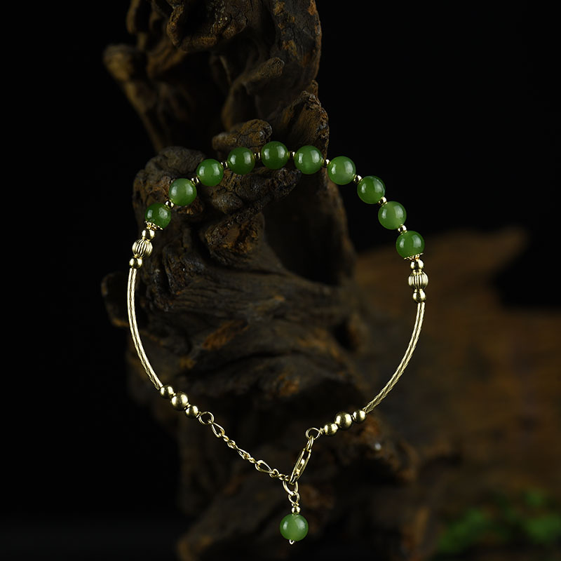 14K金镶俄料天然和田玉手镯-红掌柜