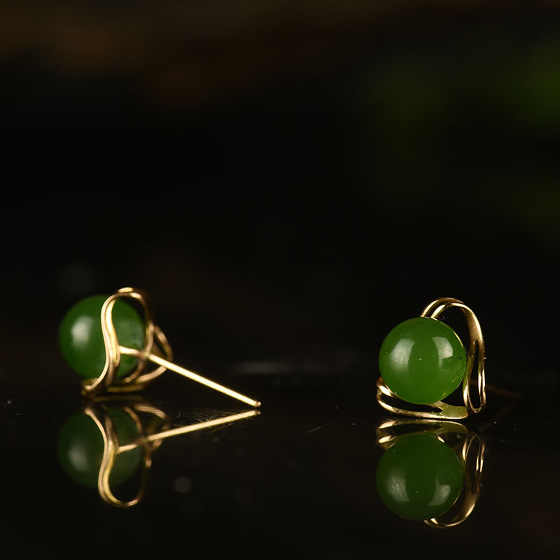 18k金镶和田碧玉耳钉-红掌柜