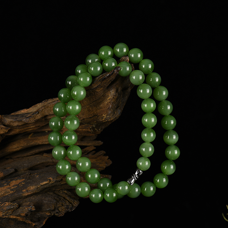 俄料天然山料和田碧玉猫眼圆珠项链-红掌柜