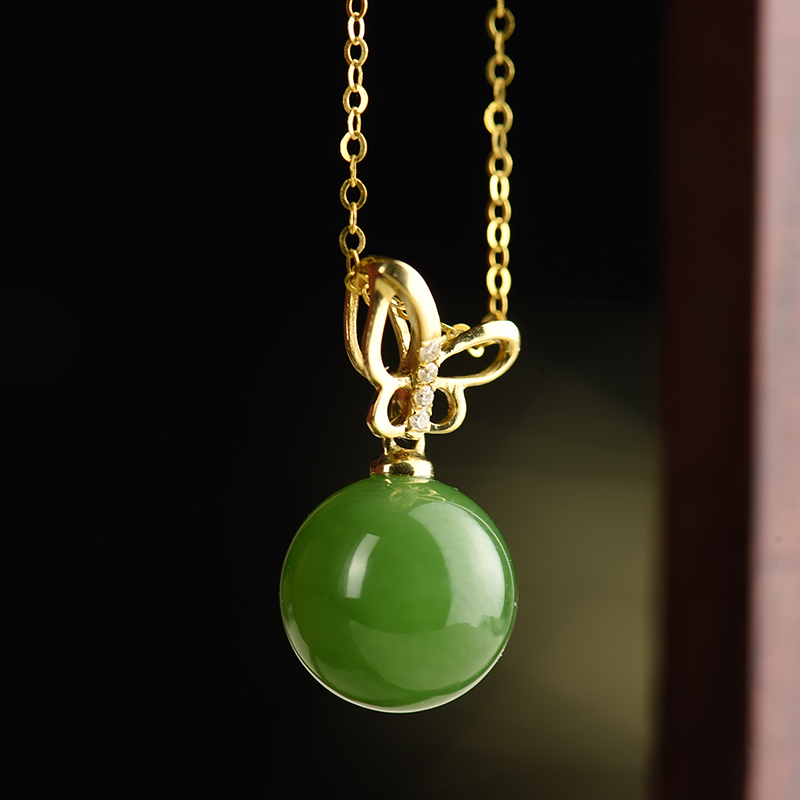 金山料和田碧玉圆珠蝴蝶项链-红掌柜