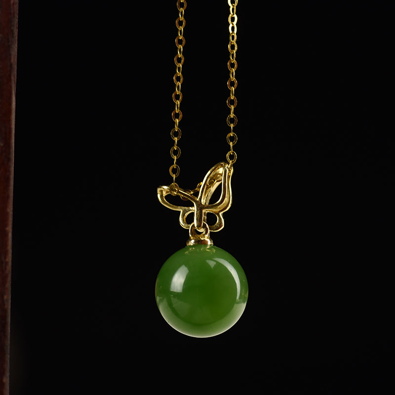 和田碧玉圆珠蝴蝶项链-红掌柜