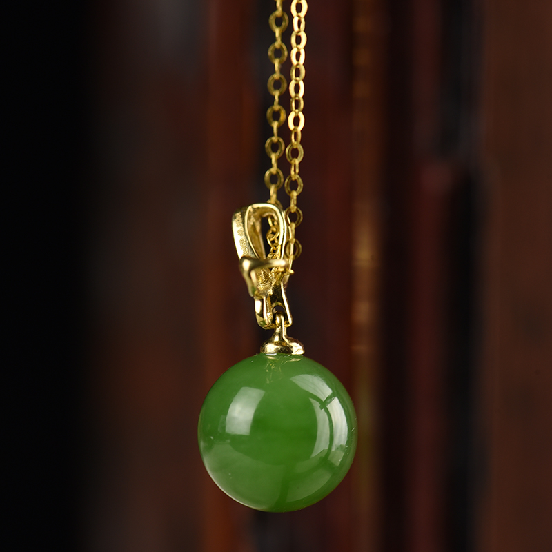 18K金山料和田碧玉圆珠项链-红掌柜