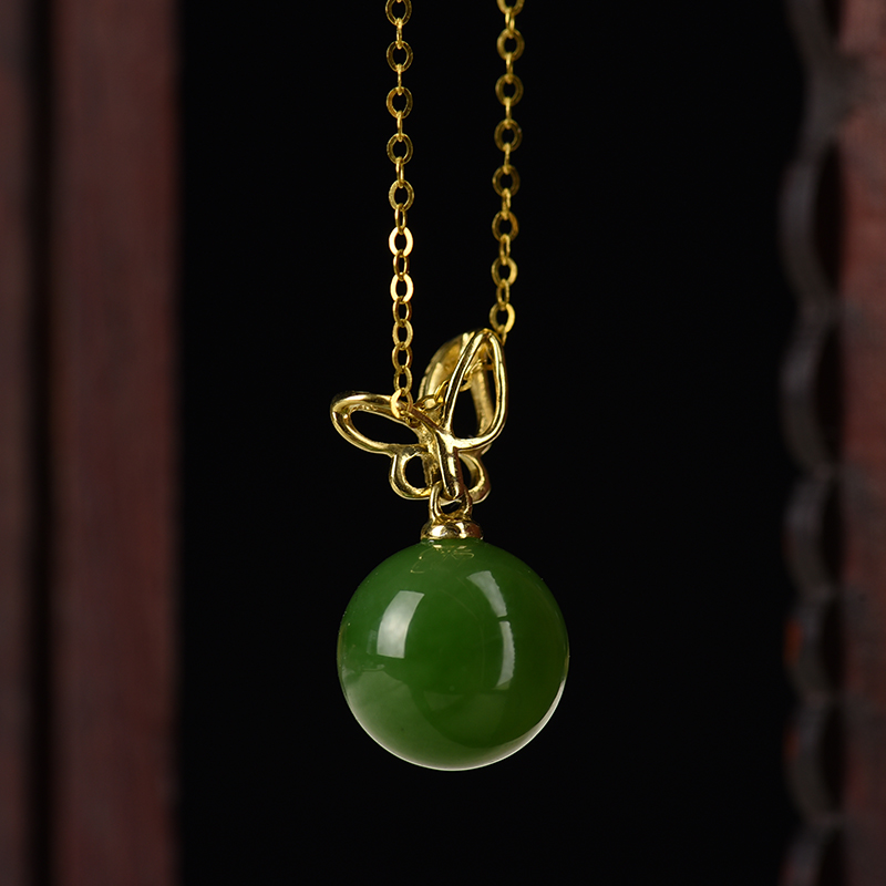 18K金山料和田碧玉蝴蝶项链-红掌柜