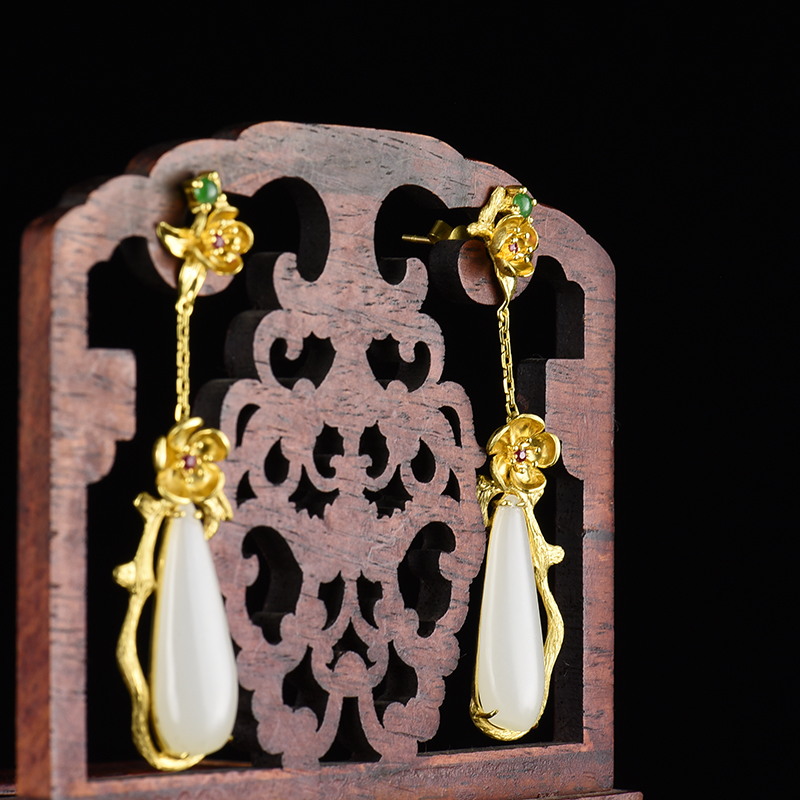 金镶籽料和田白玉耳坠-红掌柜